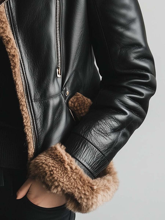 Women's Vintage Fur Collar Contrast Leather Jacket