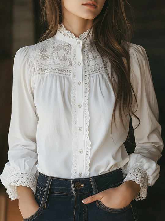 White Casual Cotton Lace Long Sleeve Shirt