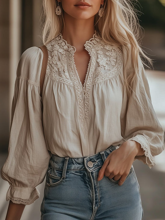 Vintage-Inspired Lace Embroidered Blouse with High Neck