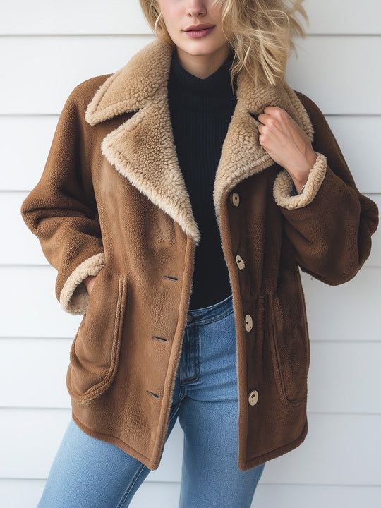 Casual Retro Loose Lapel Lambskin Warm Coat