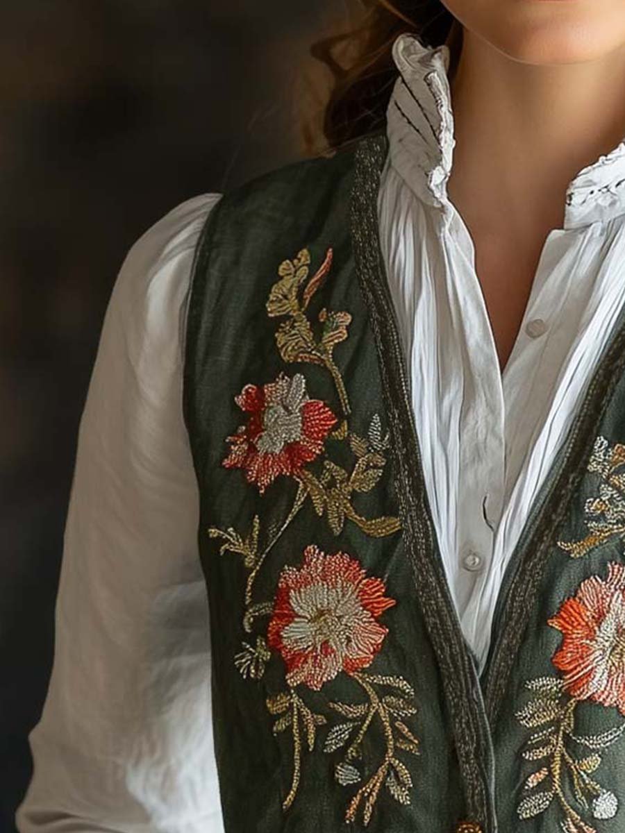 Olive Green Floral Embroidered Button-Up Linen Vest