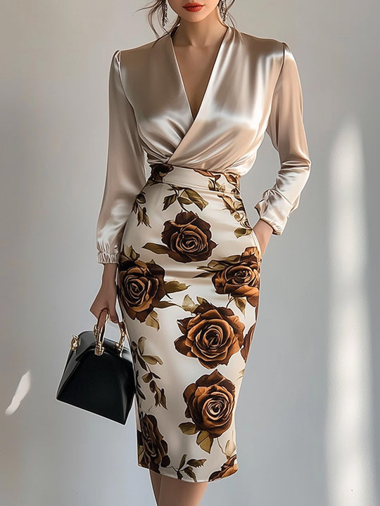 Wrap Satin Shirt and Floral Pencil Dress