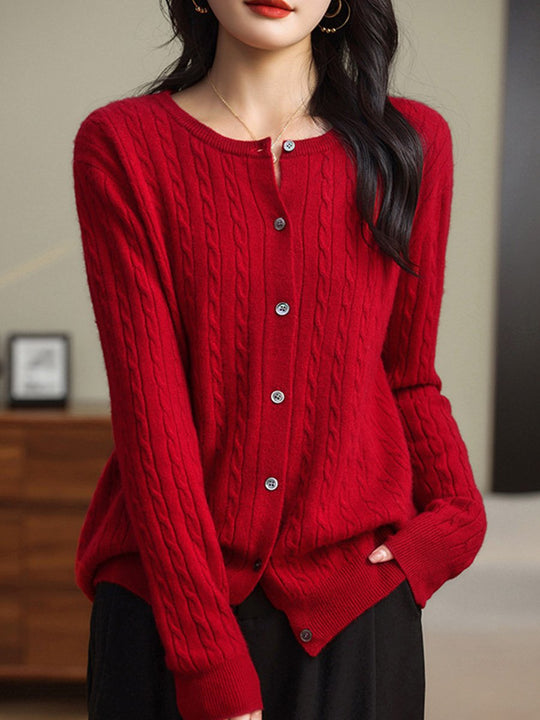 Fashion Round Neck Slim Fit Cable Knit Cardigan