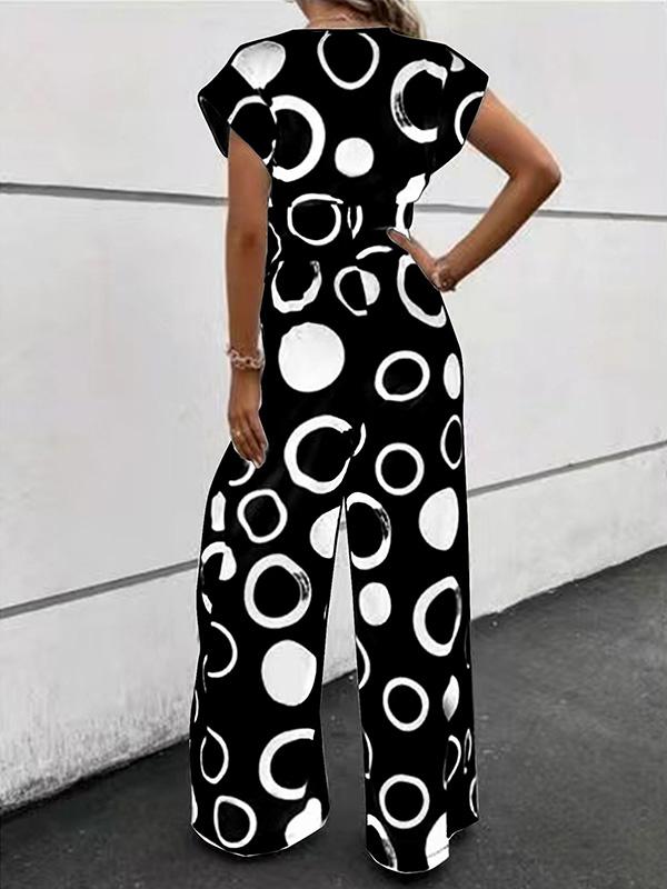 Casual V-neck High Waist Printed Wide Leg Belt Jumpsuit