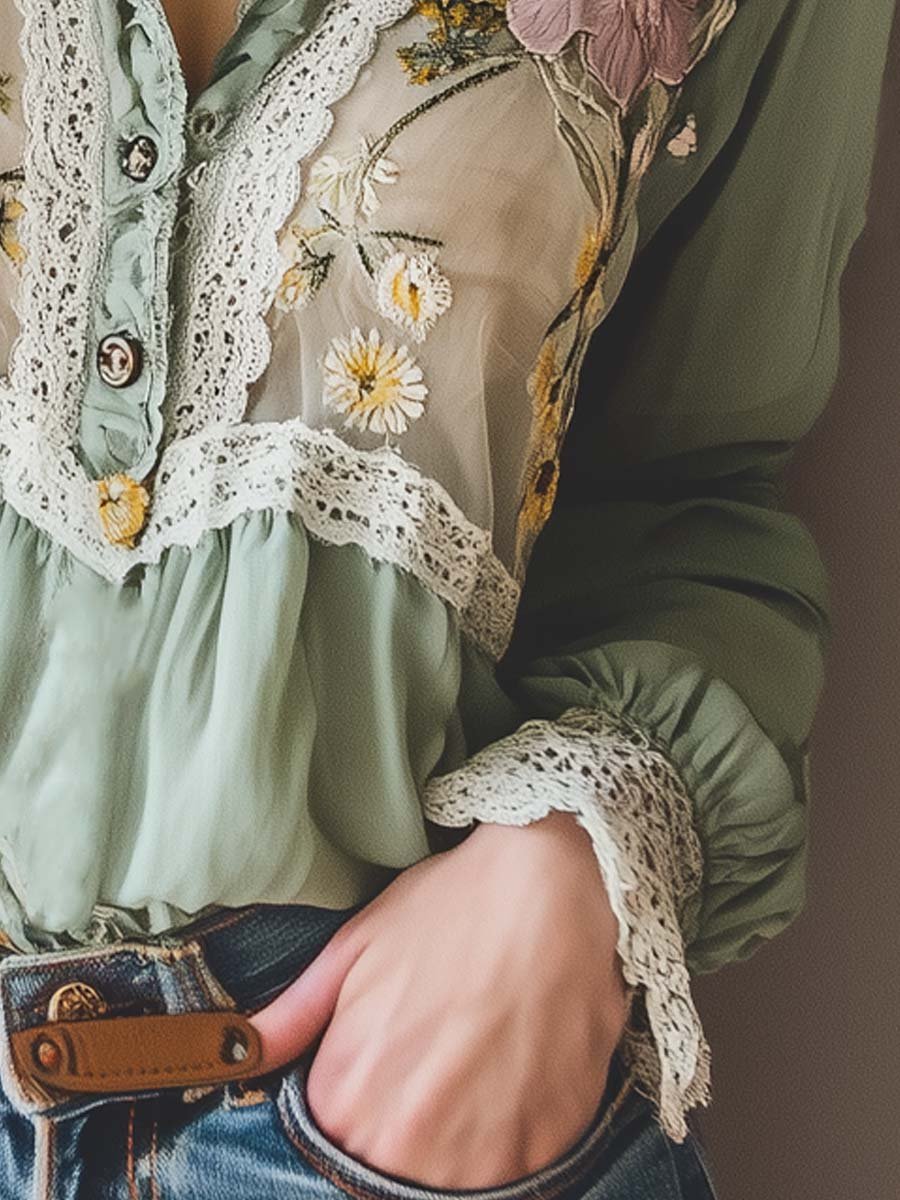 Vintage Floral Print Lace Shirt