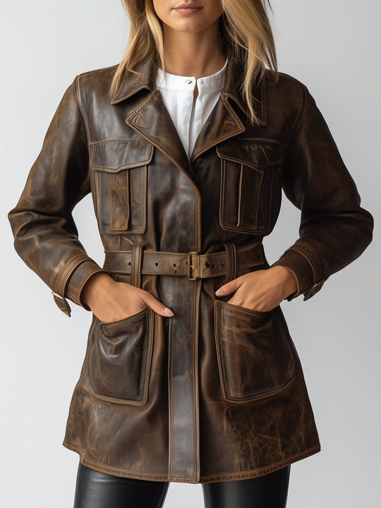 Vintage Multiple Pockets Windproof Leather Trench Coat