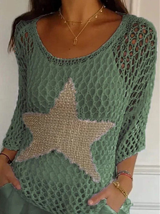 Five-pointed Star Round Neck Three-quarter Sleeve Sweater