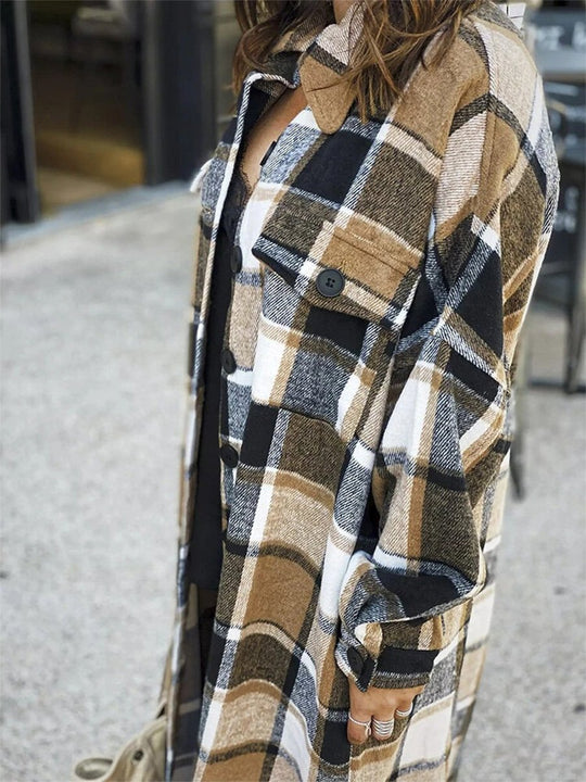 Lapel Side Slit Woolen Plaid Mid-length Coat