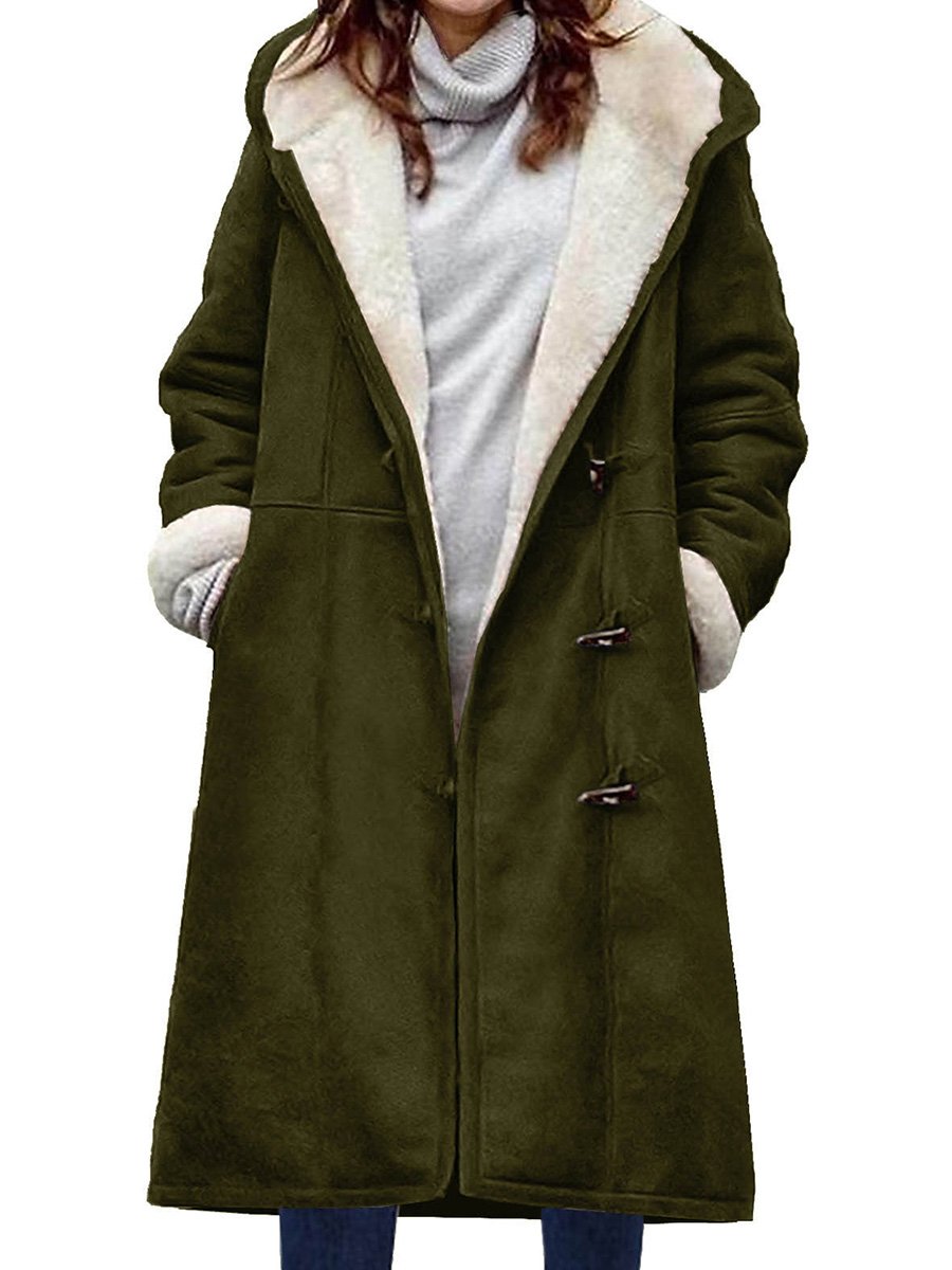 Suede Solid Color Horn Button Pocket Long Thick Plush Coat