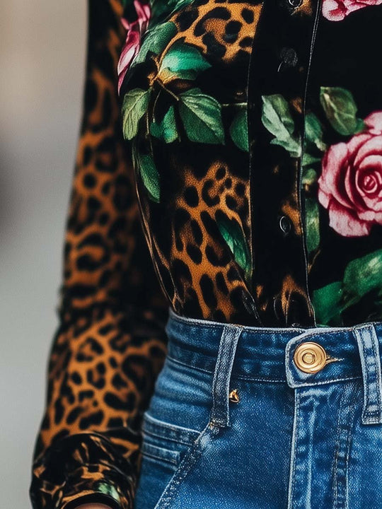 Leopard Floral Print Velvet Blouse