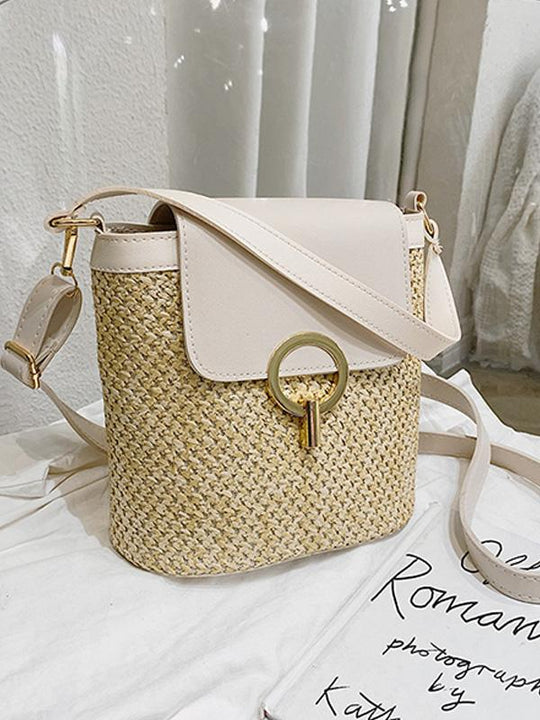 Crossbody Straw Woven Vacation Bucket Bag