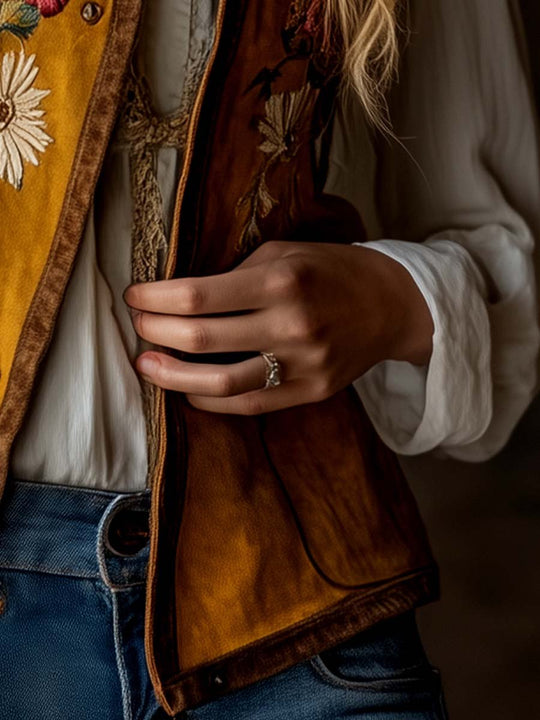 Women's Floral Embroidered Suede Vest