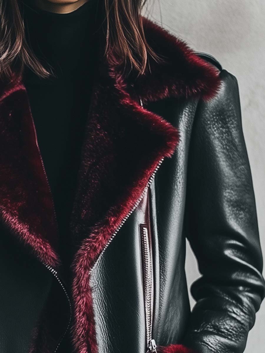 Women's Retro Contrast Color Fur Collar Leather Jacket