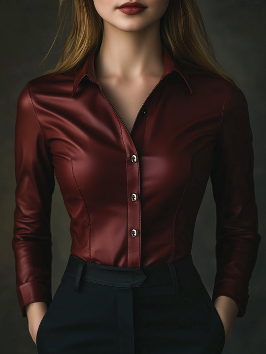 Chic Slim-fit Solid Color Single-breasted Leather Shirt