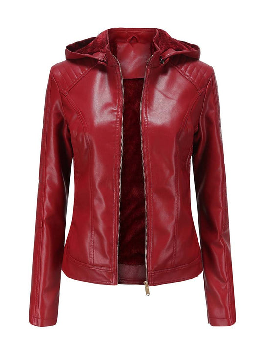 Women's Thick Hooded Warm Leather Jacket