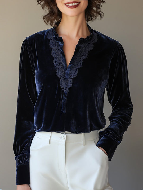 Velvet Lace V-Neck Long Sleeve Shirt