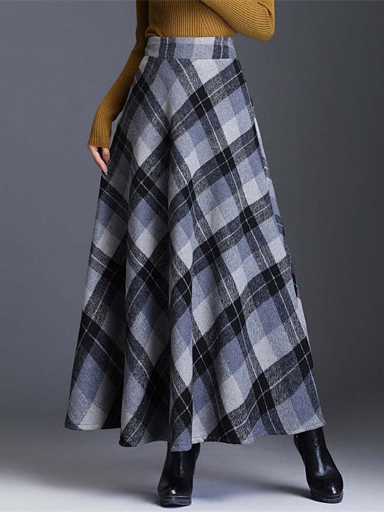 Contrast Plaid Woolen Skirt