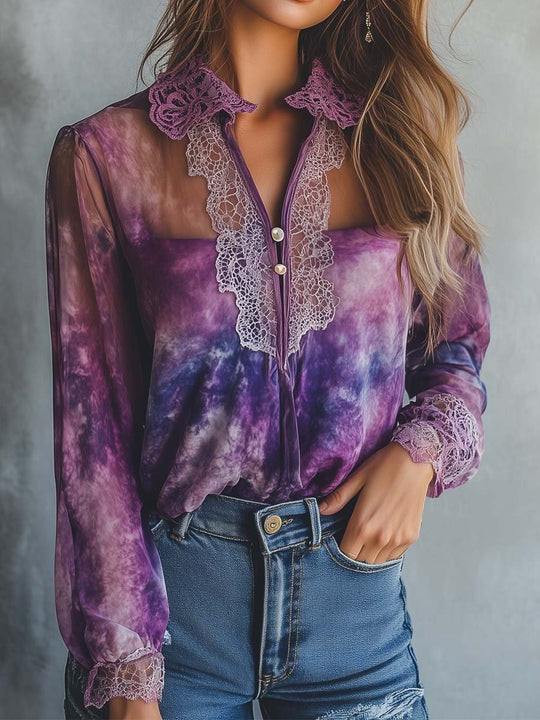 Vintage Tie-Dyed Chiffon Lace Trim Shirt