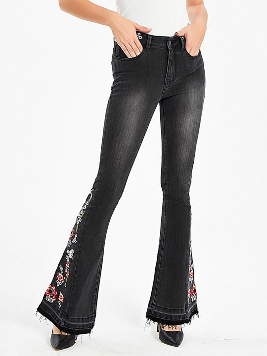 Elegant Embroidered Slim-fit Stretch Denim Flared Pants