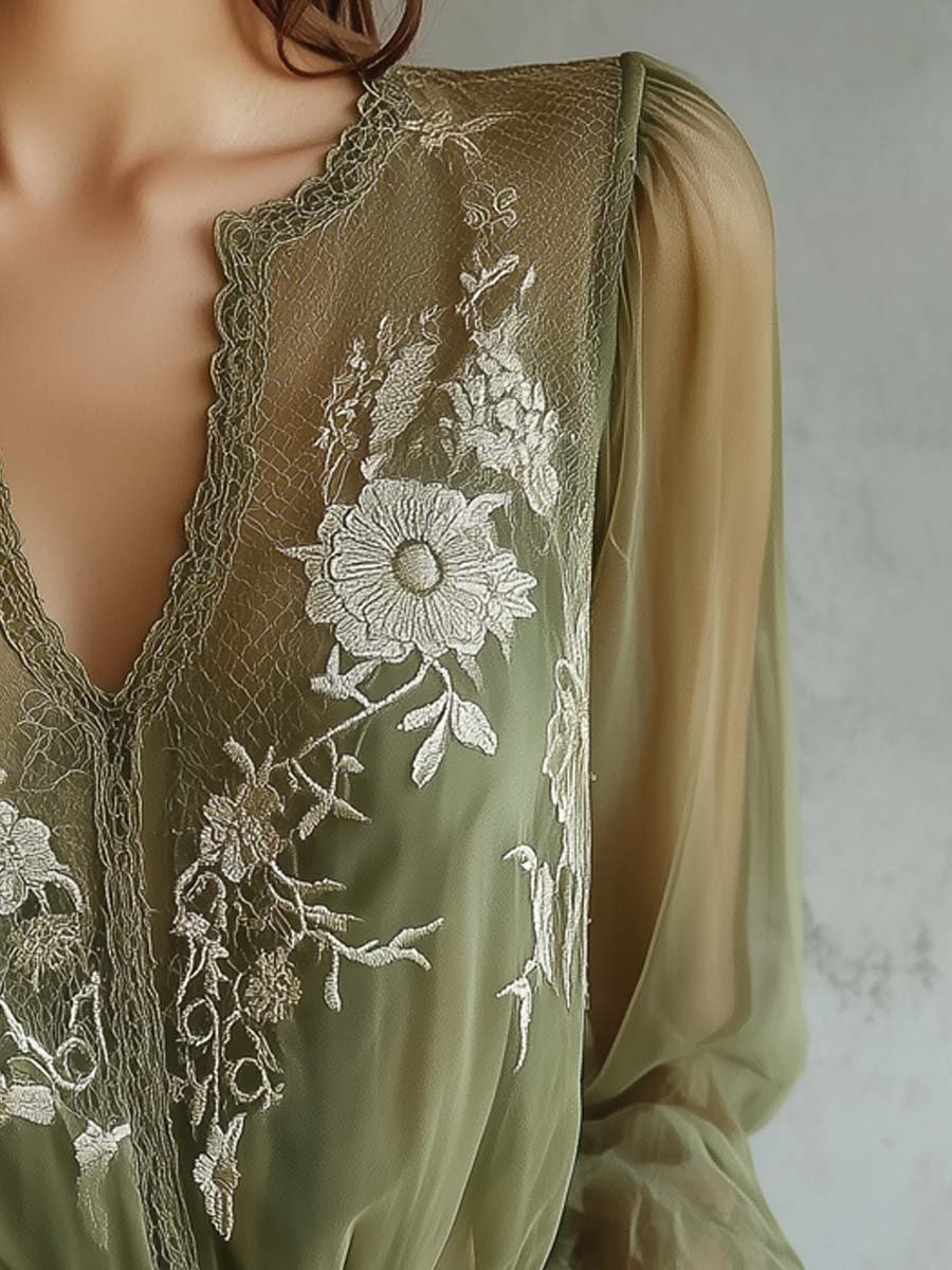 Olive Green Embroidered Lace Blouse