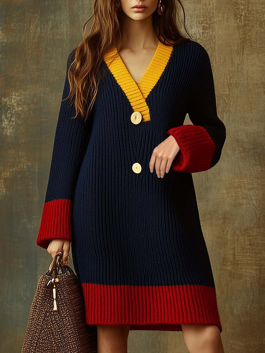 Women's Retro Contrast Cuffs Oversize Knitted Shift Dress