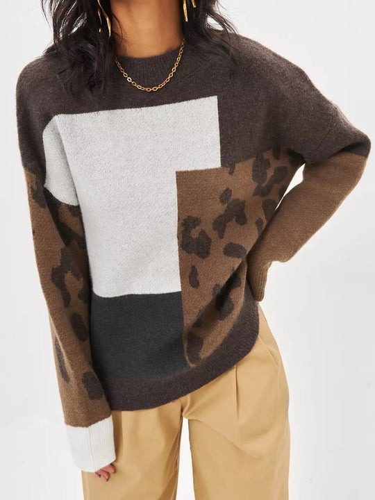 Fashionable Retro Loose-Fit Leopard Print Pullover Knit Sweater