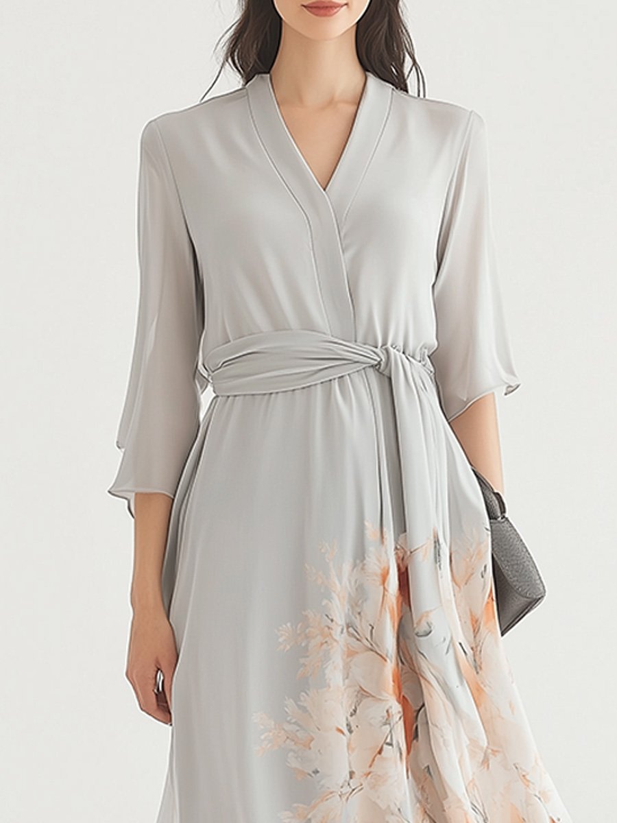 Elegant V-neck Printed Waisted Double-layered Midi Sleeve Maxi Dress