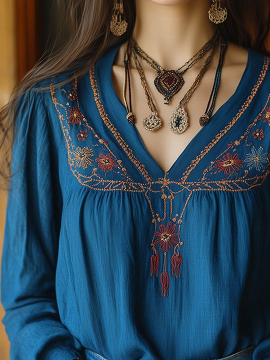 Boho Embroidered V-Neck Blouse with Rustic Charm