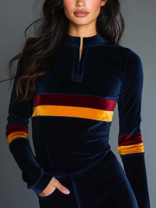 Women's Vintage Striped Velvet Long Sleeve T-Shirt