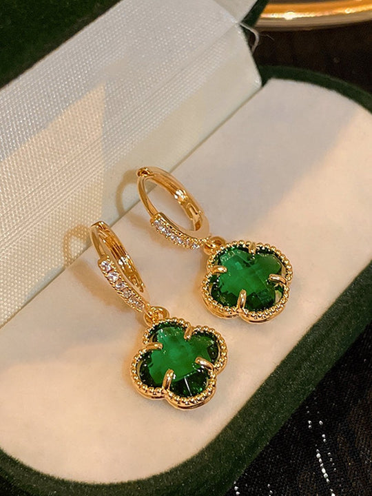 Emerald Crystal Flower Clip Earrings