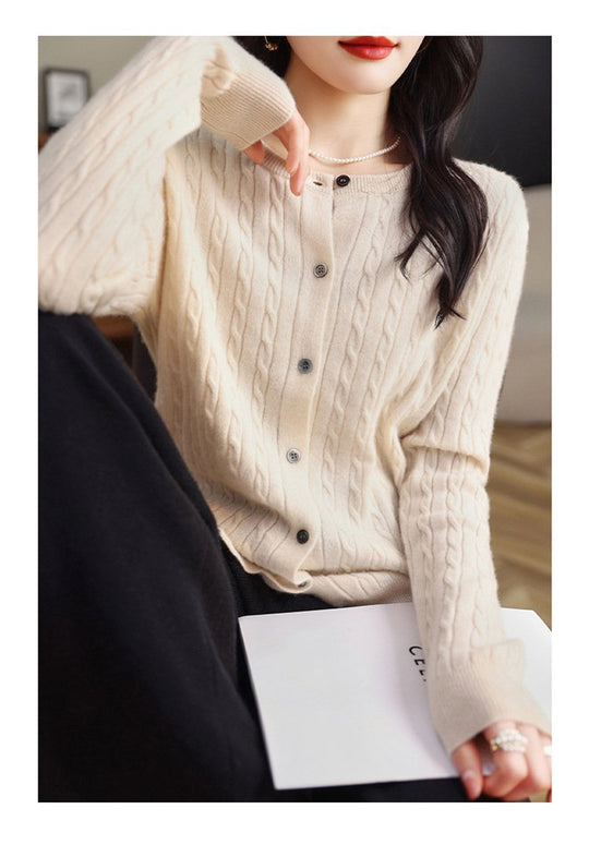 Fashion Round Neck Slim Fit Cable Knit Cardigan