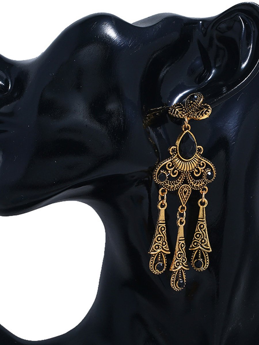 Retro Ethnic Style Hollow Leaf Gemstone Water Drop Tassel Earrings