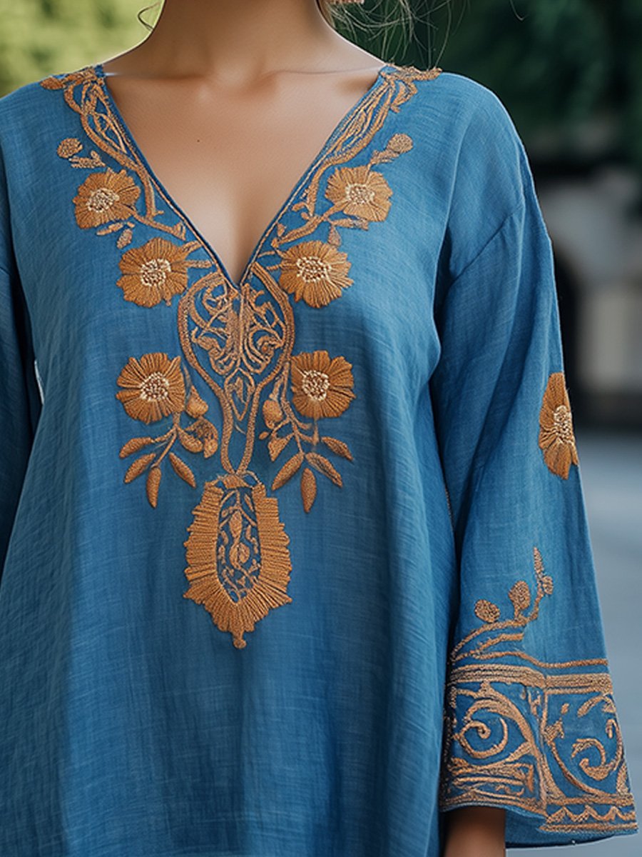 Boho Embroidered V-Neck Tunic Top