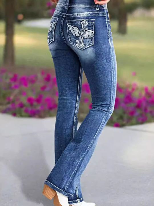 Fashionable and Versatile Elastic Embroidered Bootcut Jeans