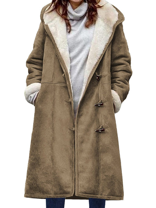 Suede Solid Color Horn Button Pocket Long Thick Plush Coat