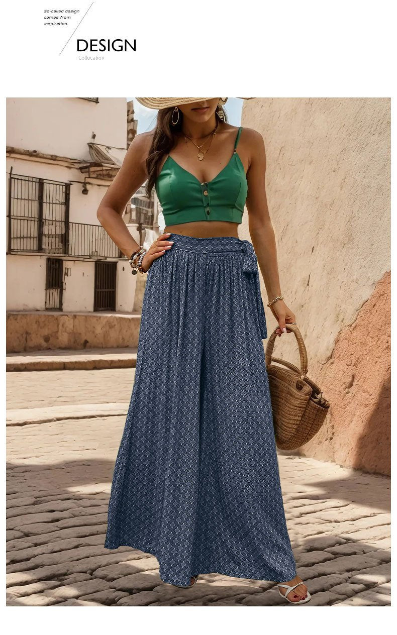 Lace-up High-waisted Casual Loose Wide-leg Pants 05182495YM