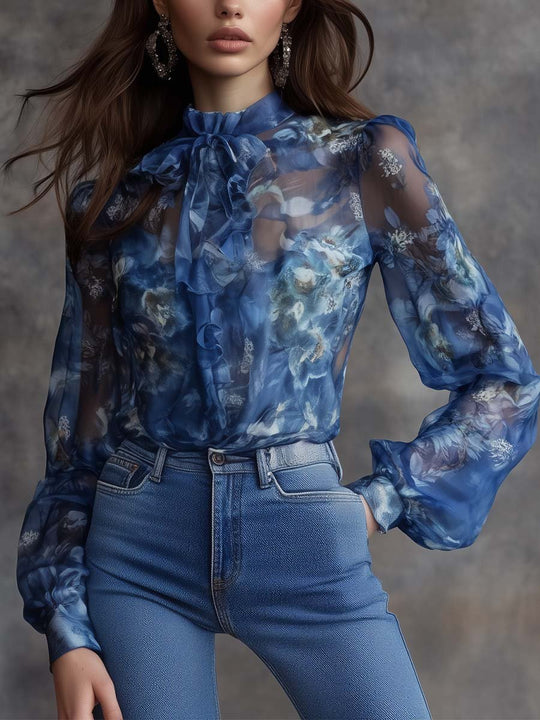 Ocean Dream Sheer Blue Floral Blouse