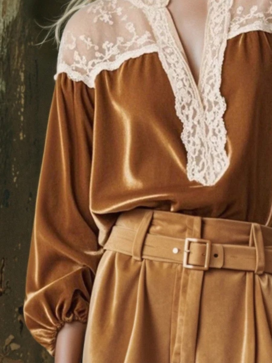 Brown Velvet Lace V-Neck Long Sleeve Shirt