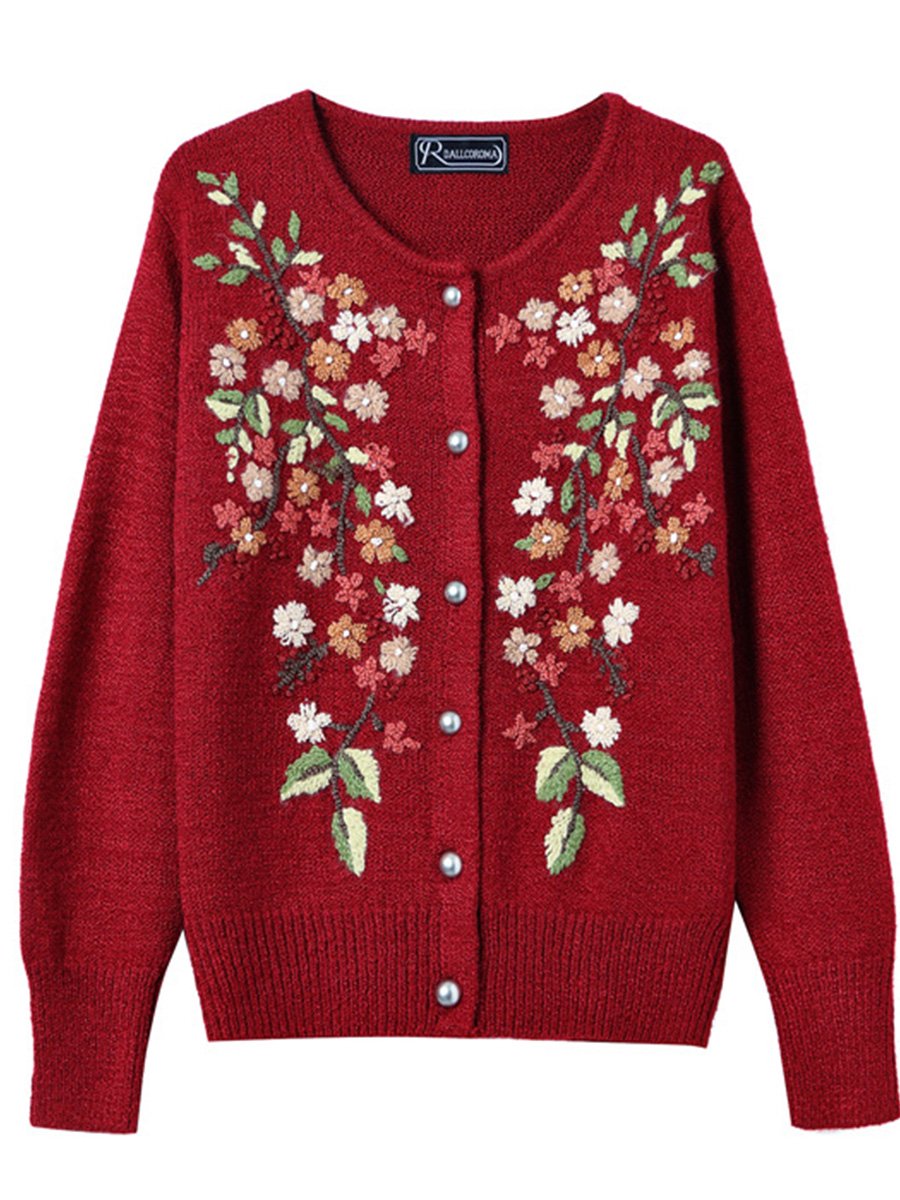 Hand-embroidered Crew Neck Wool Long-sleeved Cardigan