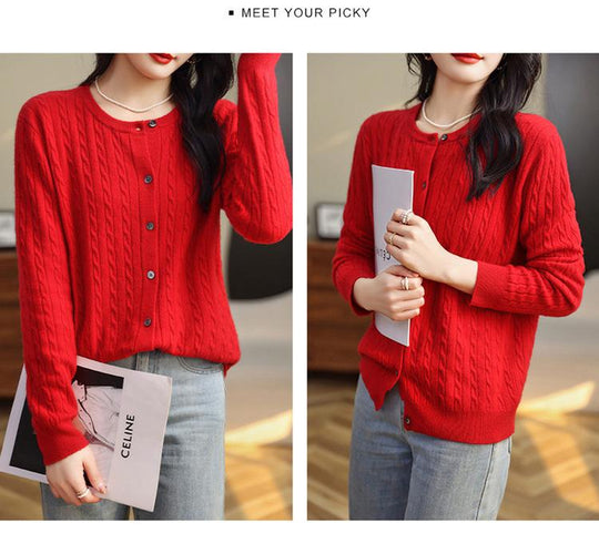 Fashion Round Neck Slim Fit Cable Knit Cardigan