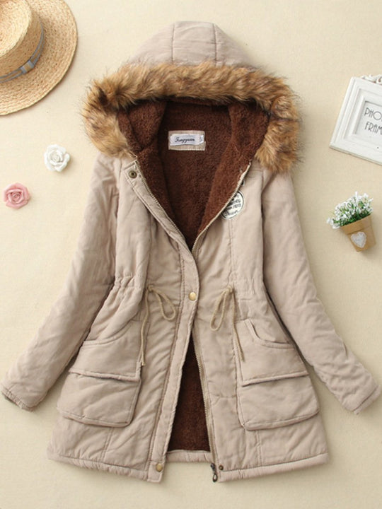 Casual Fur Collar Lambskin Plus Velvet Thickened Loose Mid-length Cotton Coat