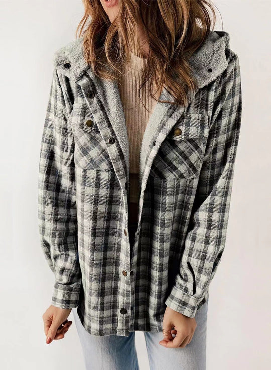 Retro Plaid Woolen Lamb Fleece Lined Thickened Hoodie Jacket