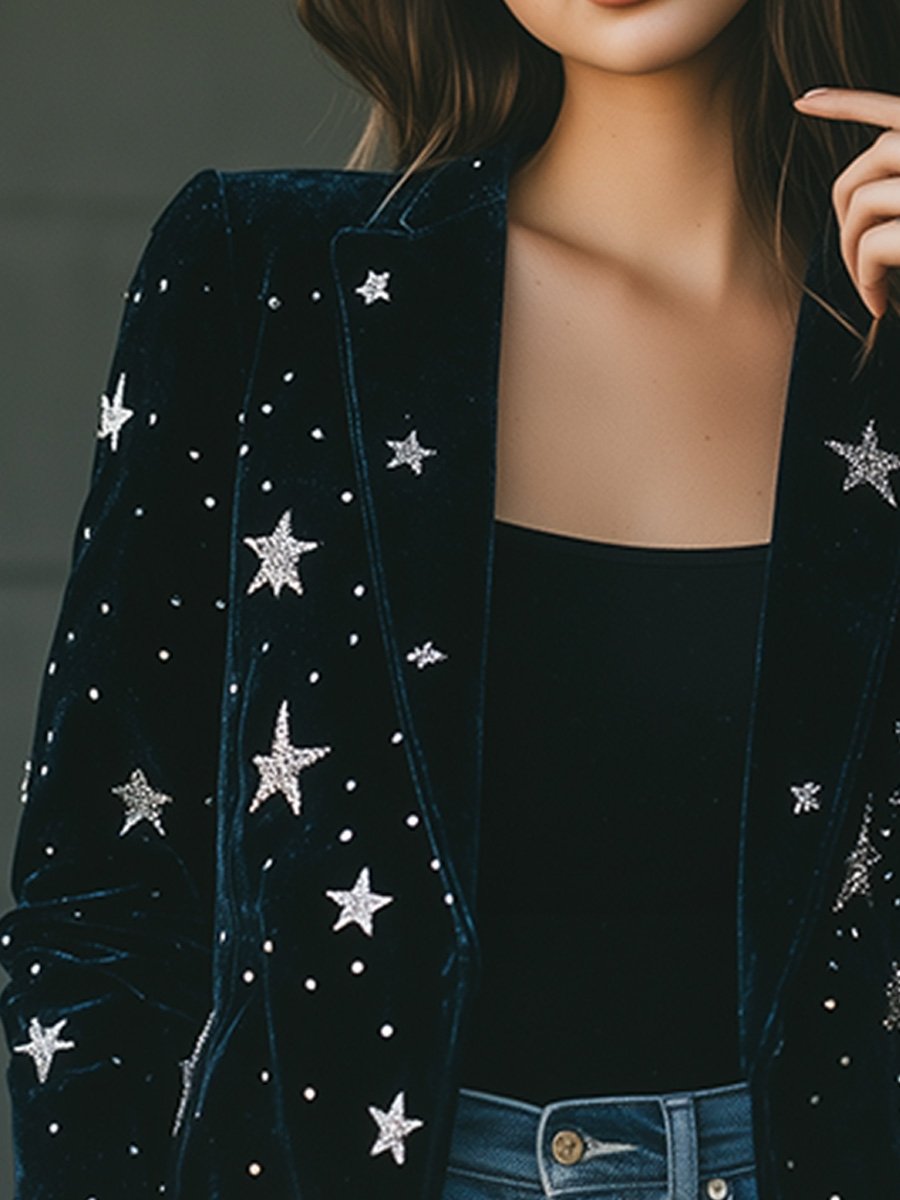 Fashion Retro Blue Velvet Star Print Blazer