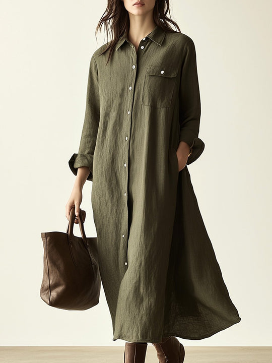 Relaxed Button-Down In Earthy Green Maxi Shirt Dress