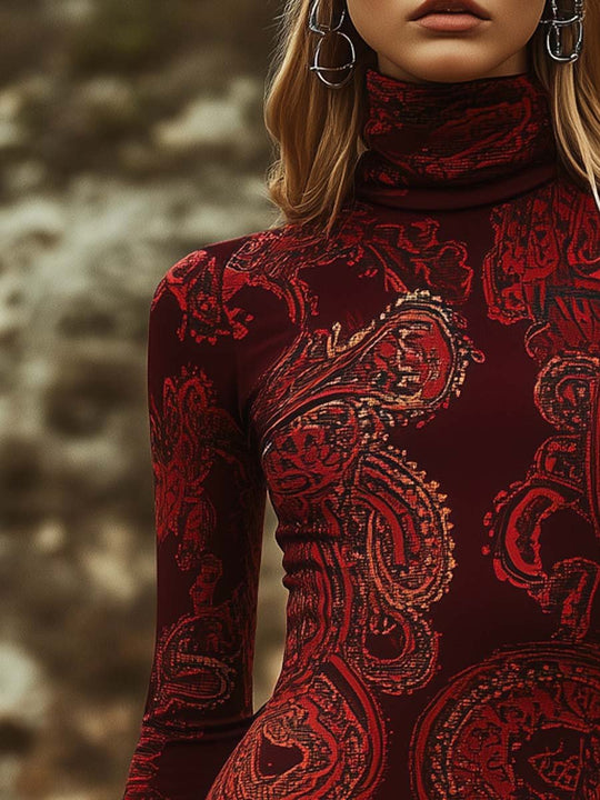 Long Sleeve High Collar Paisley Bodycon Dress