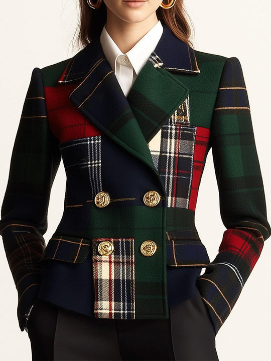 Casual Lapel Plaid Double-breasted Woolen Coat