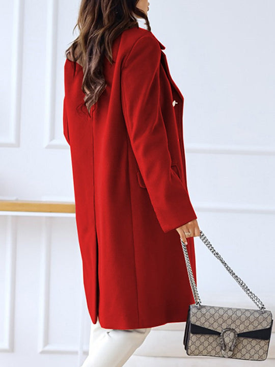 Lapel Double-breasted Simple Long-sleeved Woolen Coat