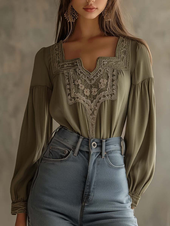 Elegant Olive Embroidered Blouse