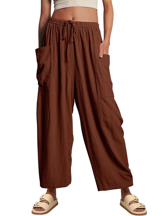 Elastic Waist Pleated Loose Casual Cotton and Linen High Waist Wide Leg Pants