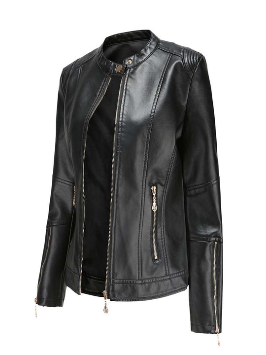 Women's Stand Collar Zipper Cuff Leather Jacket